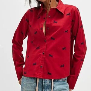 Free People Red Snap Down Shirt with Black Horse Print NWOT
